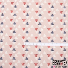 Crêpe georgette triangle pointilliste bleu insigne rouge blanc fond cornouiller rose