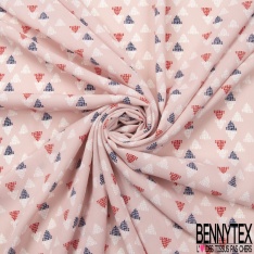 Crêpe georgette triangle pointilliste bleu insigne rouge blanc fond cornouiller rose