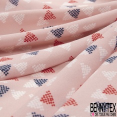Crêpe georgette triangle pointilliste bleu insigne rouge blanc fond cornouiller rose