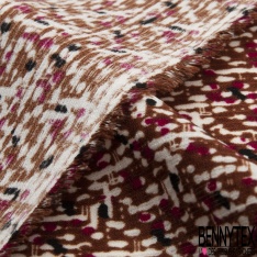 Microfibre façon lin imprimé abstrait style amérindien ton noir choco or de pépite fond blanc