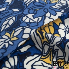 Microfibre imprimé floral moderne pictural citron blanc lupine bleu fond bleu insigne