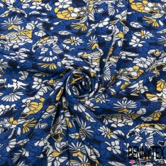 Microfibre imprimé floral moderne pictural citron blanc lupine bleu fond bleu insigne
