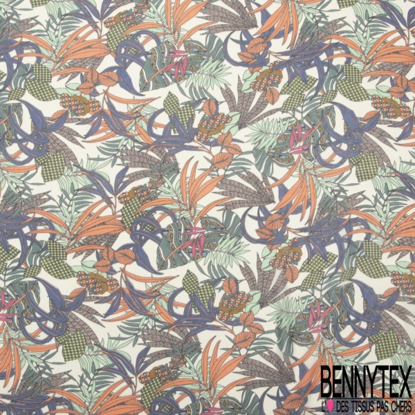 Mousseline voile polyester bouquet champêtre vert écru noir