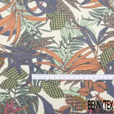 Mousseline voile polyester bouquet champêtre vert écru noir