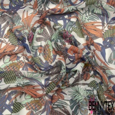 Mousseline voile polyester bouquet champêtre vert écru noir