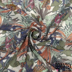 Mousseline voile polyester bouquet champêtre vert écru noir