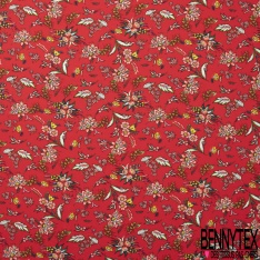 Crêpe polyester imprimé petite fleur et feuille cachemire fond rouge de mars
