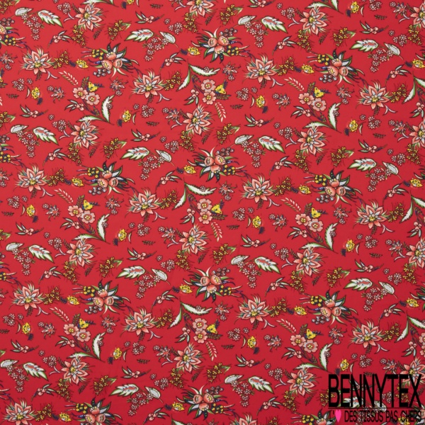 Crêpe polyester imprimé petite fleur et feuille cachemire fond rouge de mars