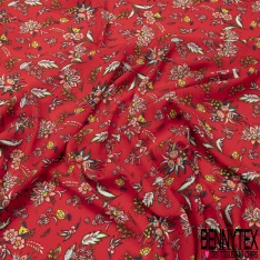 Crêpe polyester imprimé petite fleur et feuille cachemire fond rouge de mars