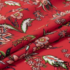 Crêpe polyester imprimé petite fleur et feuille cachemire fond rouge de mars