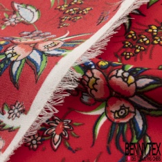 Crêpe polyester imprimé petite fleur et feuille cachemire fond rouge de mars