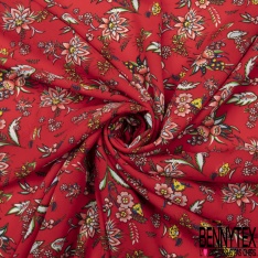 Crêpe polyester imprimé petite fleur et feuille cachemire fond rouge de mars