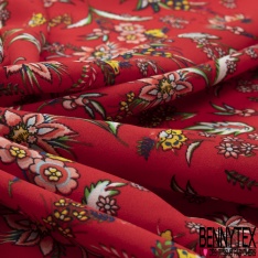 Crêpe polyester imprimé petite fleur et feuille cachemire fond rouge de mars