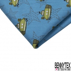 Coupon 3m coton imprimé sous-marin kaki étoile fantaisie ton gris fond bleu de cendre