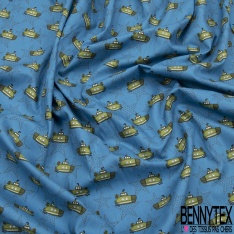 Coupon 3m coton imprimé sous-marin kaki étoile fantaisie ton gris fond bleu de cendre