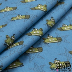 Coupon 3m coton imprimé sous-marin kaki étoile fantaisie ton gris fond bleu de cendre