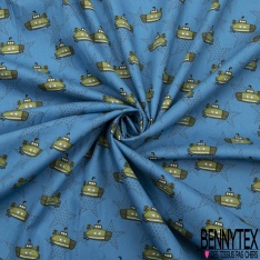 Coupon 3m coton imprimé sous-marin kaki étoile fantaisie ton gris fond bleu de cendre