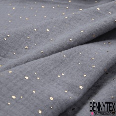 Coton double gaze bleu nuit relief pois petit et grand mylar or