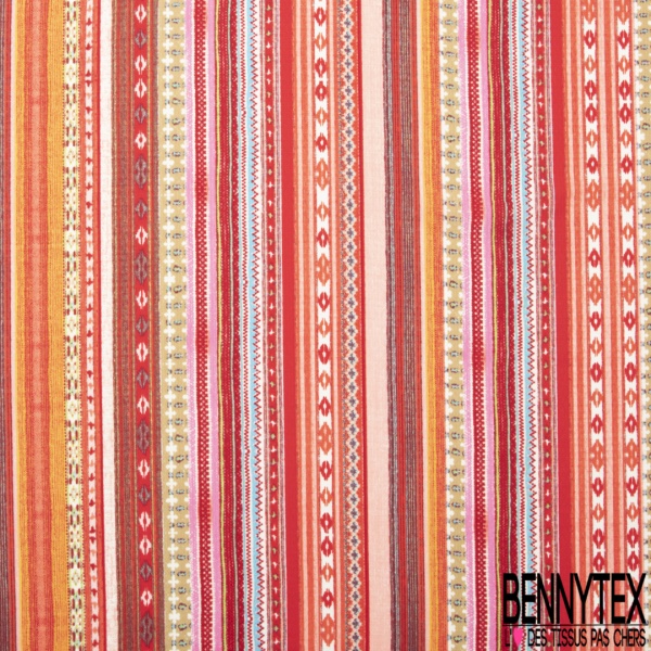 Microfibre façon lin imprimé rayure verticale fantaisie style amérindien ton vert piscine