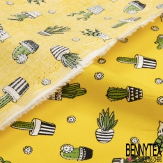 Coupon 3m coton motif cactus vert fond jaune soleil