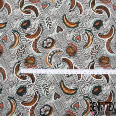 Fibranne viscose imprimé japonisant volubilis rouge mandarin pêche à la crème fond noir paillette or