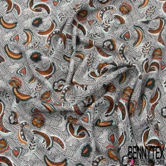 Fibranne viscose imprimé japonisant volubilis rouge mandarin pêche à la crème fond noir paillette or