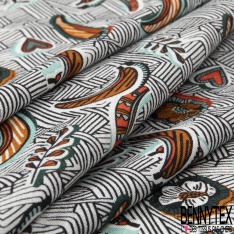 Fibranne viscose imprimé japonisant volubilis rouge mandarin pêche à la crème fond noir paillette or