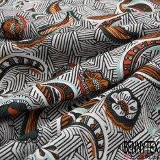 Fibranne viscose imprimé japonisant volubilis rouge mandarin pêche à la crème fond noir paillette or