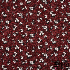 Crêpe viscose fluide fleur de tiaré et île tropicale fond noir profond