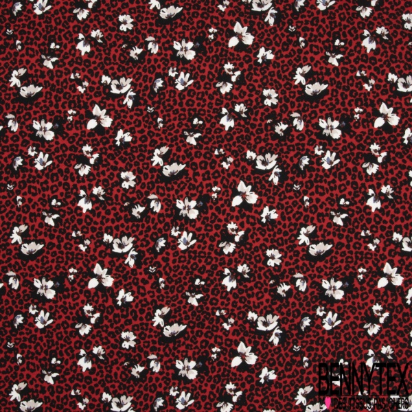 Crêpe viscose fluide fleur de tiaré et île tropicale fond noir profond