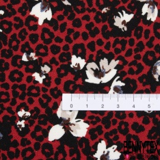 Crêpe viscose fluide fleur de tiaré et île tropicale fond noir profond
