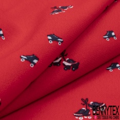 Crêpe viscose imprimé petit pétale blanc pois rouge fond noir