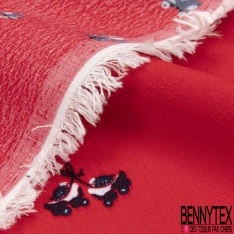 Crêpe viscose imprimé petit pétale blanc pois rouge fond noir