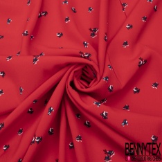 Crêpe viscose imprimé petit pétale blanc pois rouge fond noir