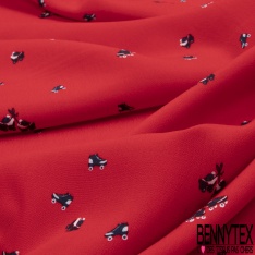 Crêpe viscose imprimé petit pétale blanc pois rouge fond noir