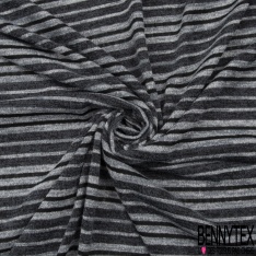 Coupon 3m maille jersey tricot rayée horizontale noir gris chiné écru