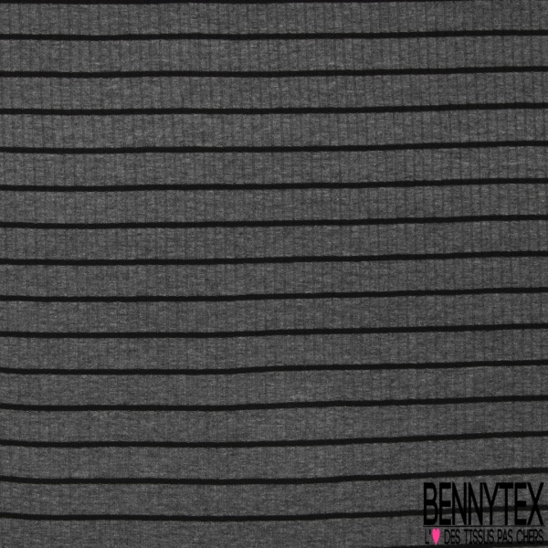 Maille côtelée 2x5 viscose fine rayure horizontale gris chiné noir