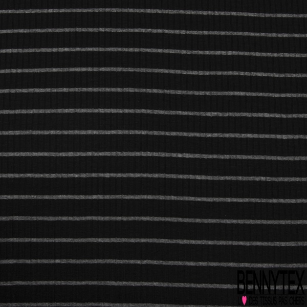 Maille côtelée 2x5 viscose fine rayure horizontale noir gris chiné
