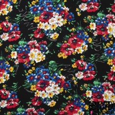 Fibranne viscose crépon imprimé floral esprit cachemire ton bleu fond rouge coquelicot