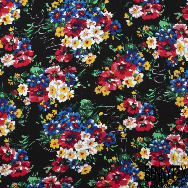 Fibranne viscose crépon imprimé floral esprit cachemire ton bleu fond rouge coquelicot