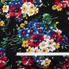 Fibranne viscose crépon imprimé floral esprit cachemire ton bleu fond rouge coquelicot