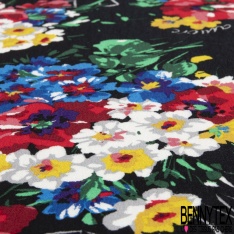 Fibranne viscose crépon imprimé floral esprit cachemire ton bleu fond rouge coquelicot