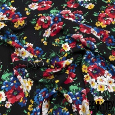 Fibranne viscose crépon imprimé floral esprit cachemire ton bleu fond rouge coquelicot