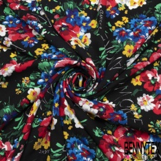 Fibranne viscose crépon imprimé floral esprit cachemire ton bleu fond rouge coquelicot