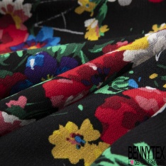 Fibranne viscose crépon imprimé floral esprit cachemire ton bleu fond rouge coquelicot