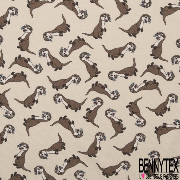 Jersey Coton Elasthanne motif loutre rigolote fond fumée blanche