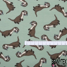 Jersey Coton Elasthanne motif loutre rigolote fond vert glacé