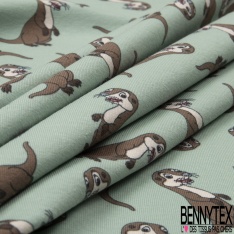 Jersey Coton Elasthanne motif loutre rigolote fond vert glacé