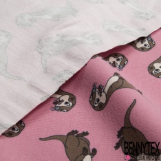 Jersey Coton Elasthanne motif loutre rigolote fond rose maritime