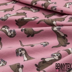 Jersey Coton Elasthanne motif loutre rigolote fond rose maritime